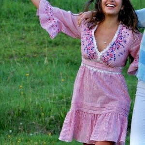 Saloni June Striped Cotton Seersucker V Neck Mini Dress size 2